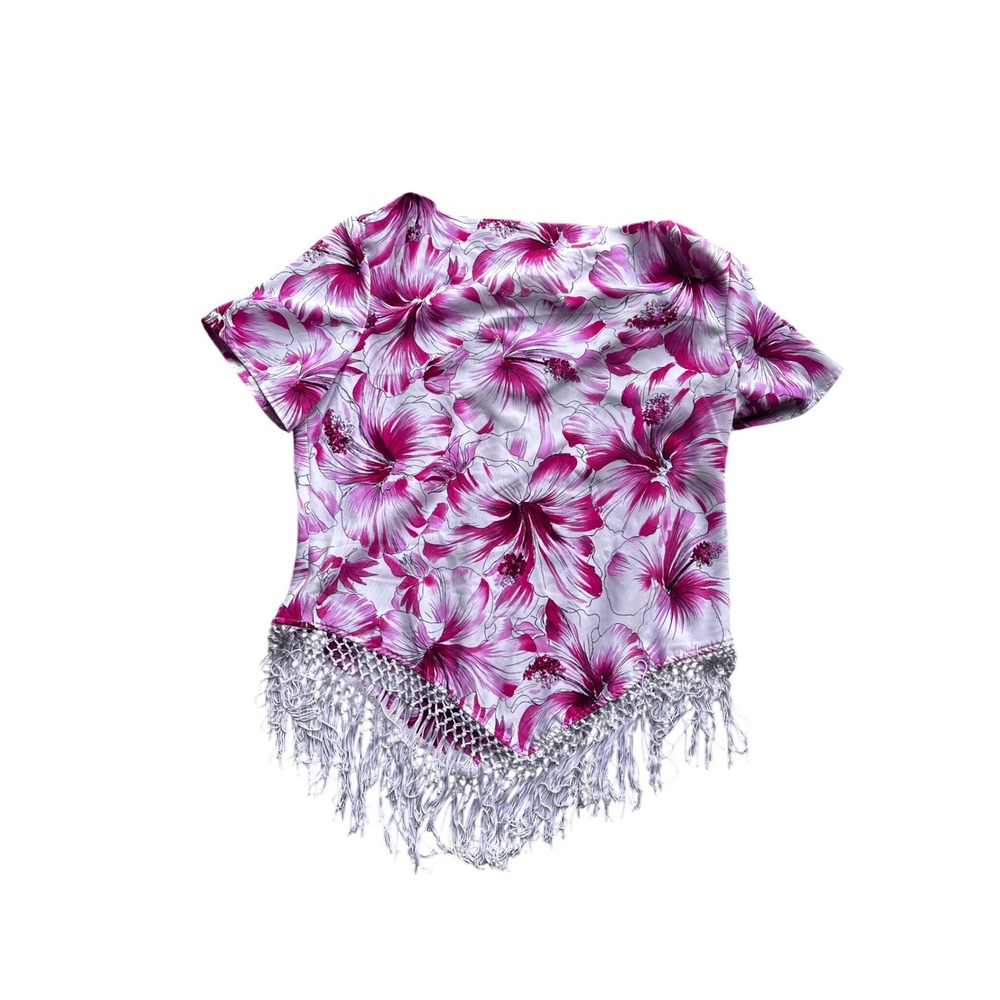 Maggie Sweet Pink Hibiscus Floral Fringe‎ Handkerchief Hem Top Made in USA L